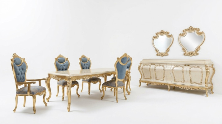 Lujoso conjunto de comedor, mesa de comedor, 6 sillas, aparador, vitrina, espejo.