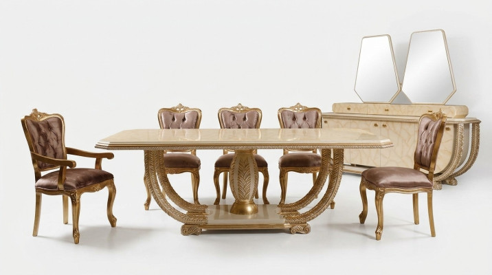 Juego de comedor clásico, mesa de comedor elegante, 4 sillas, aparador, vitrina, juego de 8 piezas.