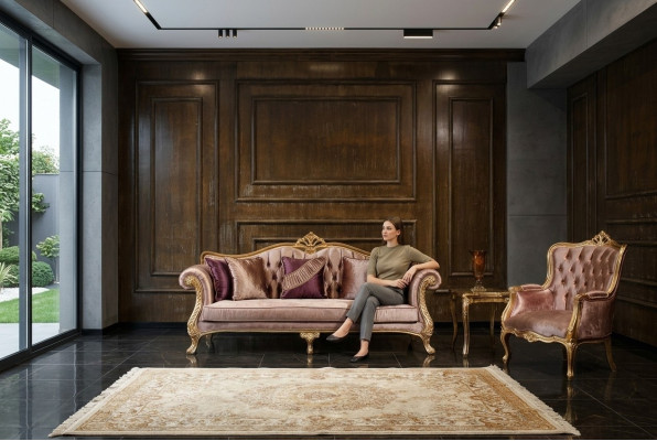 Clásico juego de sofá Chesterfield rosa, de 3 plazas, con mesa de centro y sillón.