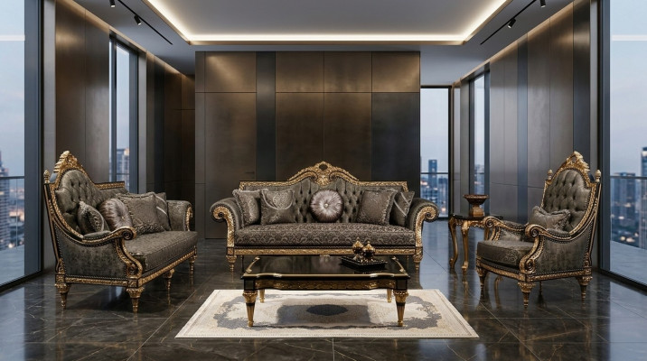Conjunto clásico de sofás Chesterfield de 3+1 plazas con mesa de centro de diseñador de 3 piezas.