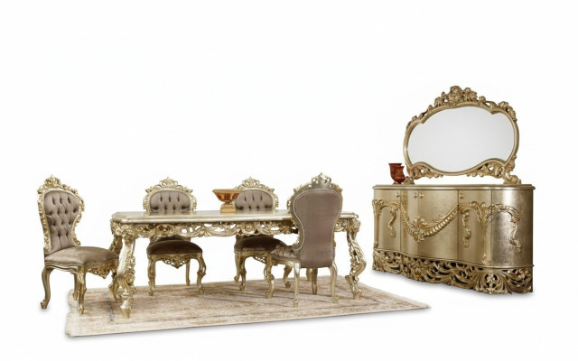 Juego de comedor clásico: mesa de comedor, 4 sillas, aparador, espejo (conjunto de 8 piezas)