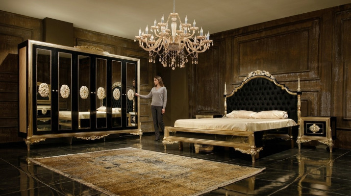 Conjunto de dormitorio negro de lujo Cama 2x mesitas de noche Cómoda Armario