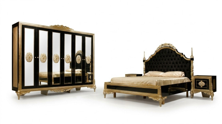 Conjunto de dormitorio negro de lujo Cama 2x mesitas de noche Cómoda Armario
