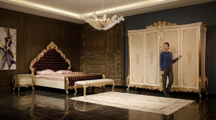 Conjunto clásico de dormitorio Cama doble 2 mesitas de noche Cómoda Armario