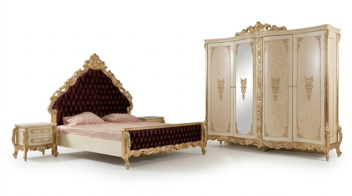 Conjunto clásico de dormitorio Cama doble 2 mesitas de noche Cómoda Armario