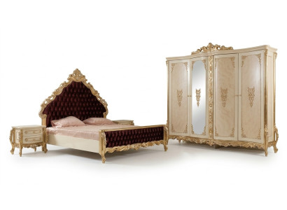 Conjunto clásico de dormitorio Cama doble 2 mesitas de noche Cómoda Armario