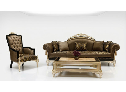 Sofás Chesterfield marrones de 3 plazas, sillón de tela, mesa de centro.