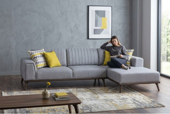 Sofá en L de color gris para sala de estar, conjunto de muebles tapizados y sofás.