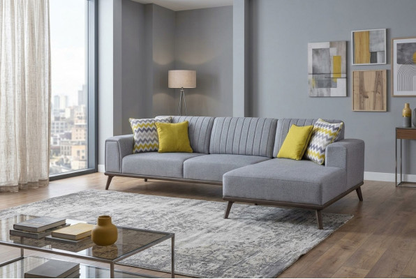 Sofá en L de color gris para sala de estar, conjunto de muebles tapizados y sofás.