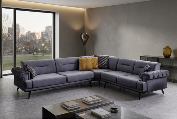 Sofá de esquina gris exclusivo en forma de L, sofá de diseñador para la sala de estar moderna.