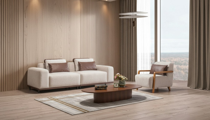 Salón beige Conjunto de asientos de sala de estar Sofá de diseñador Juego de sofás de lujo de 2+1 plazas