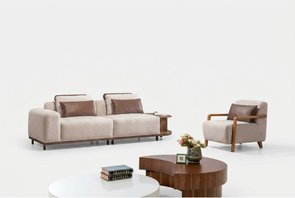 Salón beige Conjunto de asientos de sala de estar Sofá de diseñador Juego de sofás de lujo de 2+1 plazas