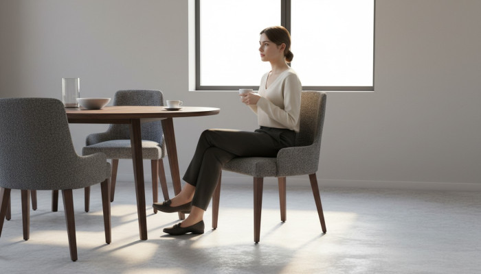 Exclusiva silla gris con patas de madera marrón diseño novedoso para comedor.