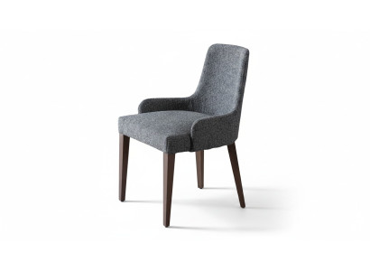 Exclusiva silla gris con patas de madera marrón diseño novedoso para comedor.