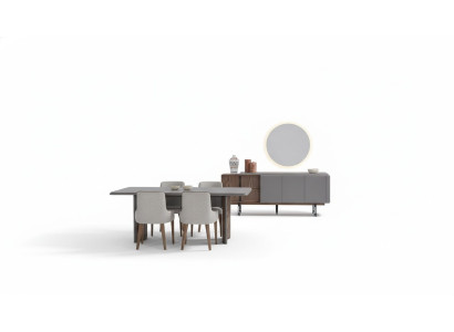 Conjunto de comedor que consta de mesa de comedor, 4 sillas y aparador con espejo de 7 piezas.
