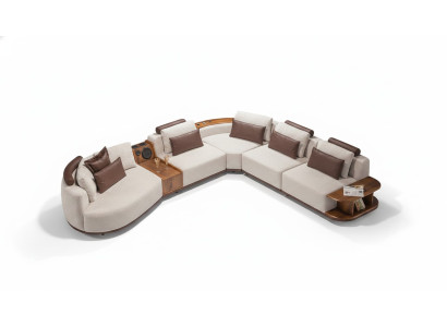 Sofá de esquina beige para sala de estar Exclusivo sofá en forma de L moderno con estructura de madera.