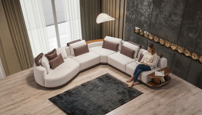 Sofá esquinero blanco, diseño de sala de estar en forma de L, sofá, muebles tapizados con armazón de madera.