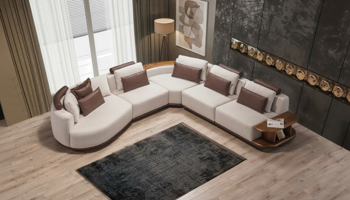 Sofá esquinero blanco, diseño de sala de estar en forma de L, sofá, muebles tapizados con armazón de madera.