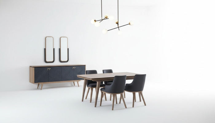 Juego de comedor de lujo con mesa + 4 sillas + aparador con 2 espejos nuevos.