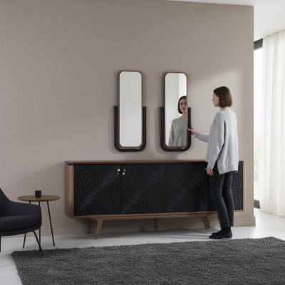 Conjunto exclusivo de comedor que consta de un aparador moderno de 3 piezas y 2 espejos.