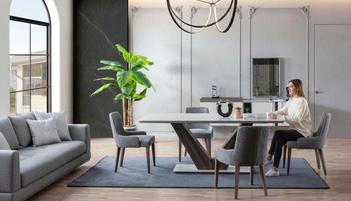 Juego de comedor de lujo con mesa de comedor, 4 sillas y aparador con espejo, nuevo conjunto.