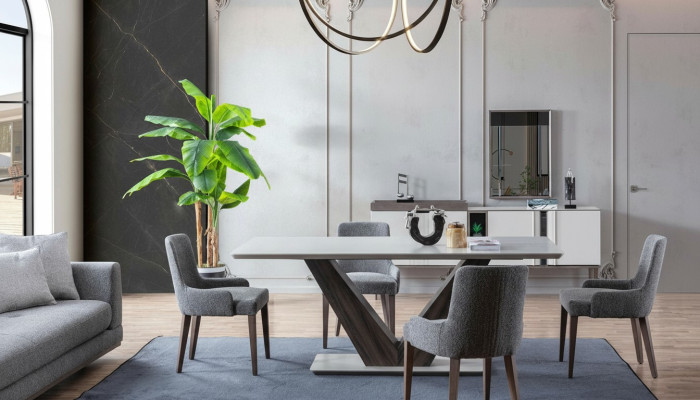 Juego de comedor de lujo con mesa de comedor, 4 sillas y aparador con espejo, nuevo conjunto.