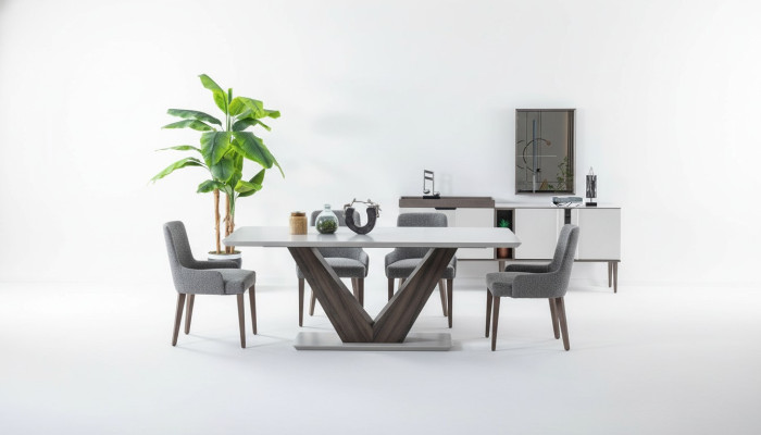 Juego de comedor de lujo con mesa de comedor, 4 sillas y aparador con espejo, nuevo conjunto.