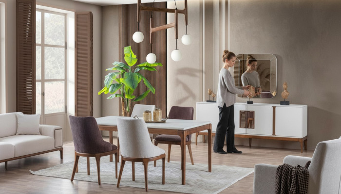 Juego de comedor de lujo, mesa de comedor, 4 sillas, aparador, espejo, 7 piezas, moderno.