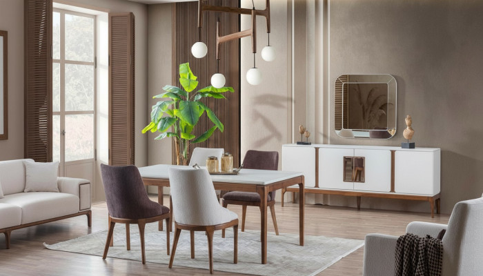 Juego de comedor de lujo, mesa de comedor, 4 sillas, aparador, espejo, 7 piezas, moderno.