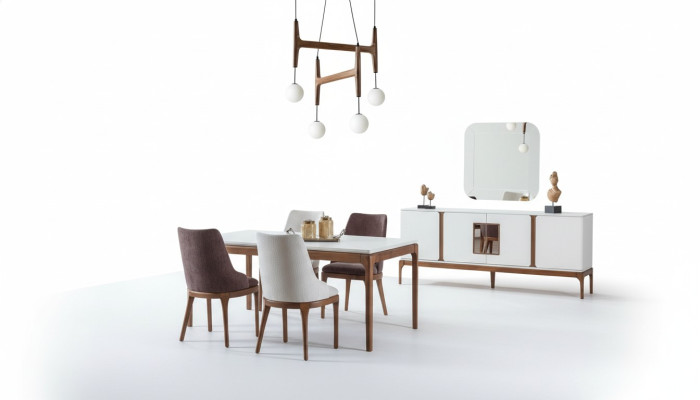 Juego de comedor de lujo, mesa de comedor, 4 sillas, aparador, espejo, 7 piezas, moderno.