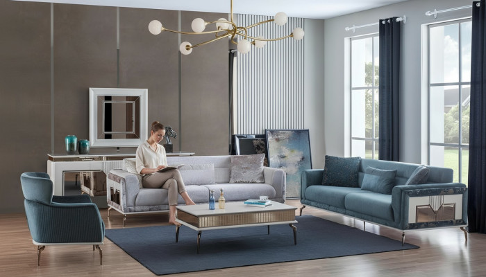 Conjunto de sofá de diseñador de 4 piezas. Sofá de 3 plazas, sillón, mesa de centro.