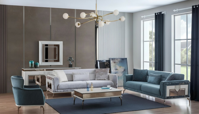 Conjunto de sofá de diseñador de 4 piezas. Sofá de 3 plazas, sillón, mesa de centro.