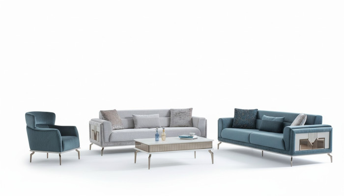 Conjunto de sofá de diseñador de 4 piezas. Sofá de 3 plazas, sillón, mesa de centro.