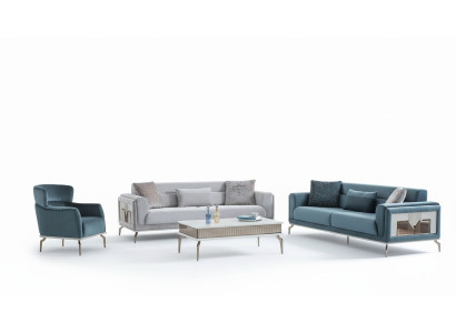 Conjunto de sofá de diseñador de 4 piezas. Sofá de 3 plazas, sillón, mesa de centro.