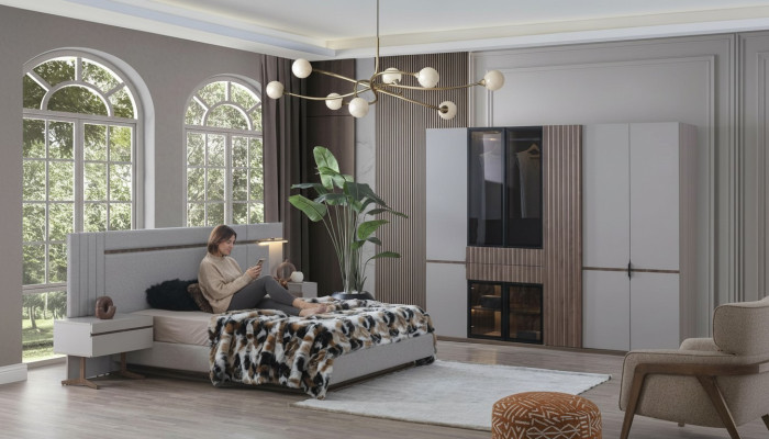 Conjunto de dormitorio de lujo con cama de diseño, 2 mesitas de noche, armario de 4 piezas, nuevo.