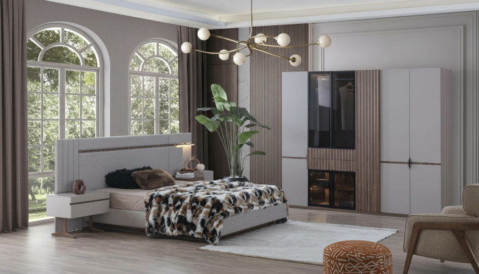 Conjunto de dormitorio de lujo con cama de diseño, 2 mesitas de noche, armario de 4 piezas, nuevo.