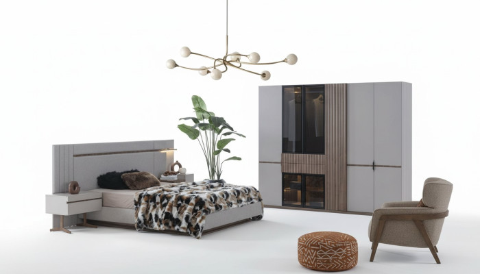 Conjunto de dormitorio de lujo con cama de diseño, 2 mesitas de noche, armario de 4 piezas, nuevo.