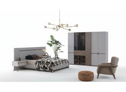 Conjunto de dormitorio de lujo con cama de diseño, 2 mesitas de noche, armario de 4 piezas, nuevo.