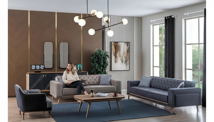 Juego de sala de estar de lujo moderno de 4 piezas. Sofá de 4 plazas, sillón, mesa de centro, muebles de madera.