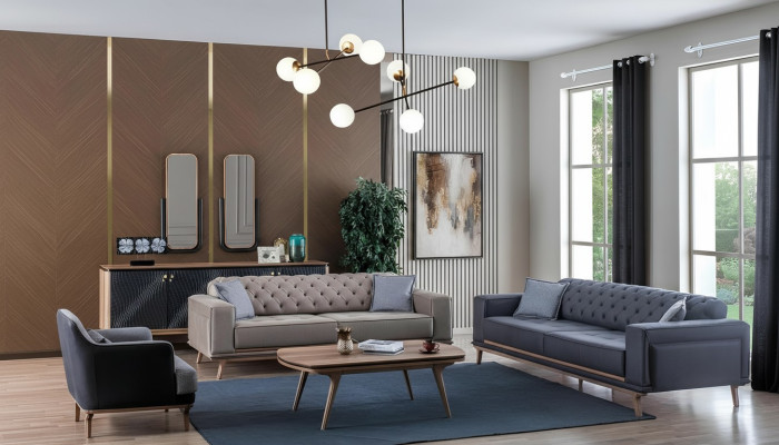 Juego de sala de estar de lujo moderno de 4 piezas. Sofá de 4 plazas, sillón, mesa de centro, muebles de madera.