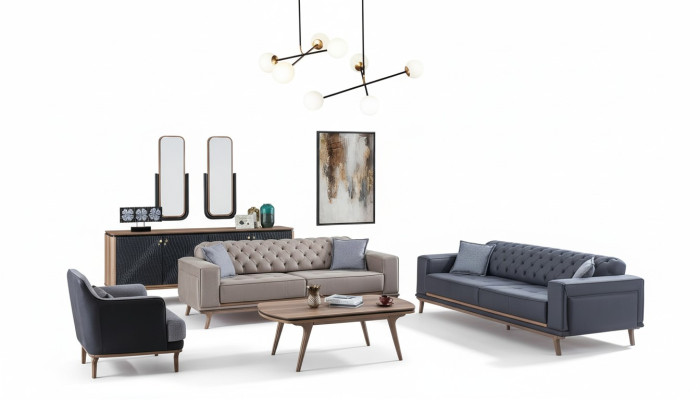 Juego de sala de estar de lujo moderno de 4 piezas. Sofá de 4 plazas, sillón, mesa de centro, muebles de madera.