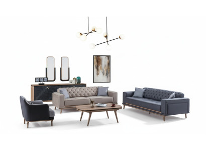 Juego de sala de estar de lujo moderno de 4 piezas. Sofá de 4 plazas, sillón, mesa de centro, muebles de madera.