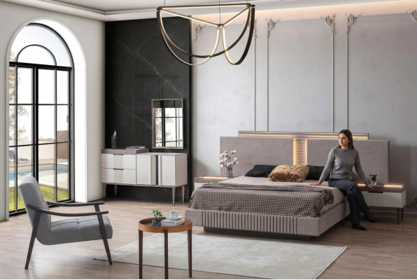 Diseño de dormitorio 5 piezas. Conjunto de dormitorio cama mesita de noche tocador