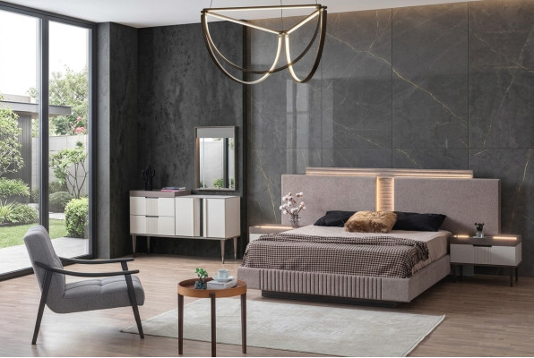 Diseño de dormitorio 5 piezas. Conjunto de dormitorio cama mesita de noche tocador