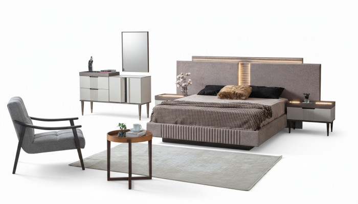 Diseño de dormitorio 5 piezas. Conjunto de dormitorio cama mesita de noche tocador