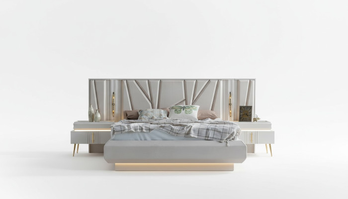 Juego de dormitorio de lujo, cama completa + 2 mesitas de noche, conjunto moderno de 3 piezas.