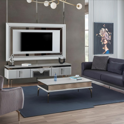 Conjunto de salón de diseño de 4 piezas: sofá tapizado, soporte de TV, mesa de centro, mesas.