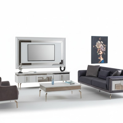 Conjunto de salón de diseño de 4 piezas: sofá tapizado, soporte de TV, mesa de centro, mesas.