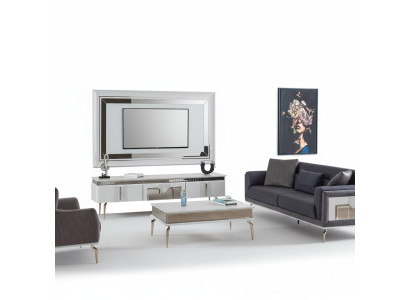 Conjunto de salón de diseño de 4 piezas: sofá tapizado, soporte de TV, mesa de centro, mesas.