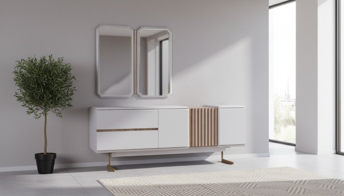 Mueble aparador exclusivo para comedor con 2 espejos, cómoda estilo, 210 cm de madera, 3 piezas.